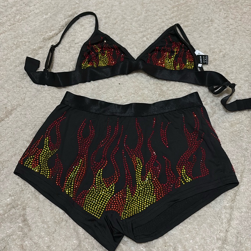 Slim fit flame rhinestone two piece
